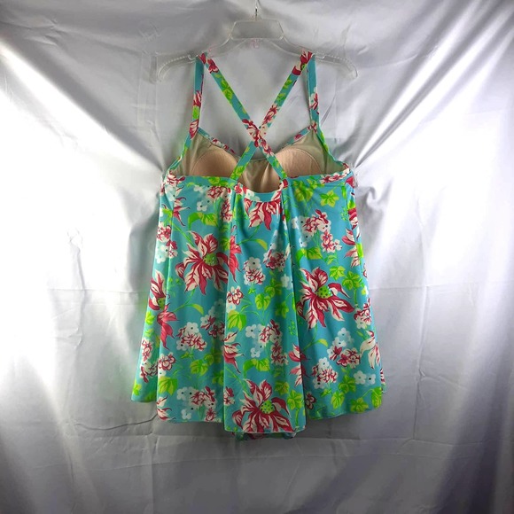 Modest Sizzle Beach Light Blue floral Swim Dress built in bra X back straps 18 - Picture 2 of 4